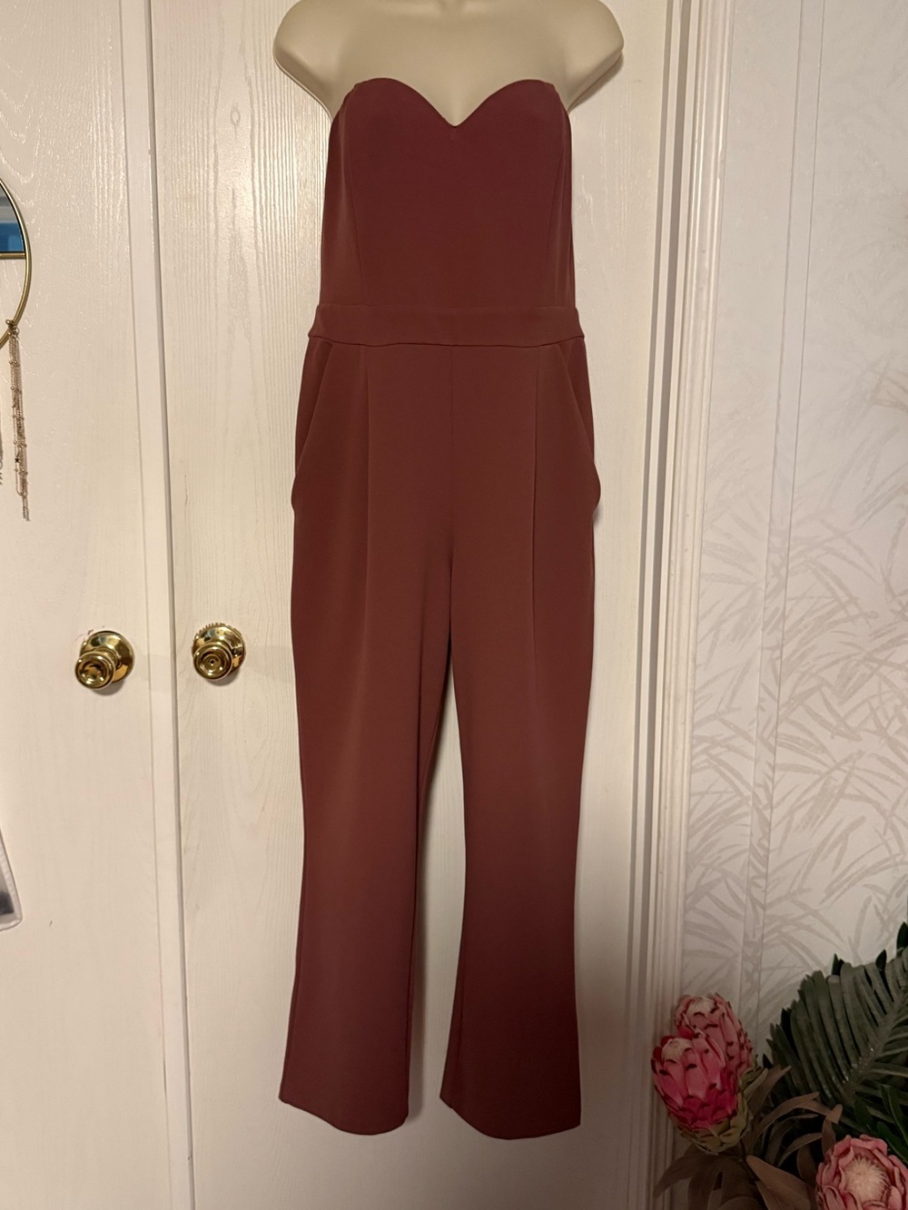 Express Strapless Sweetheart Jumpsuit in Dusty Rose